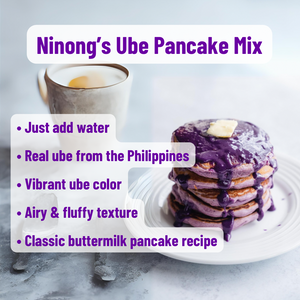 Ninong’s Ube Pancake Mix is a just add water buttermilk pancake mix made with real ube from the Philippines. It has a vibrant ube color and makes beautiful airy and fluffy texture.