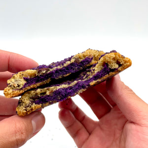 Loaded Ube Cookie split in half